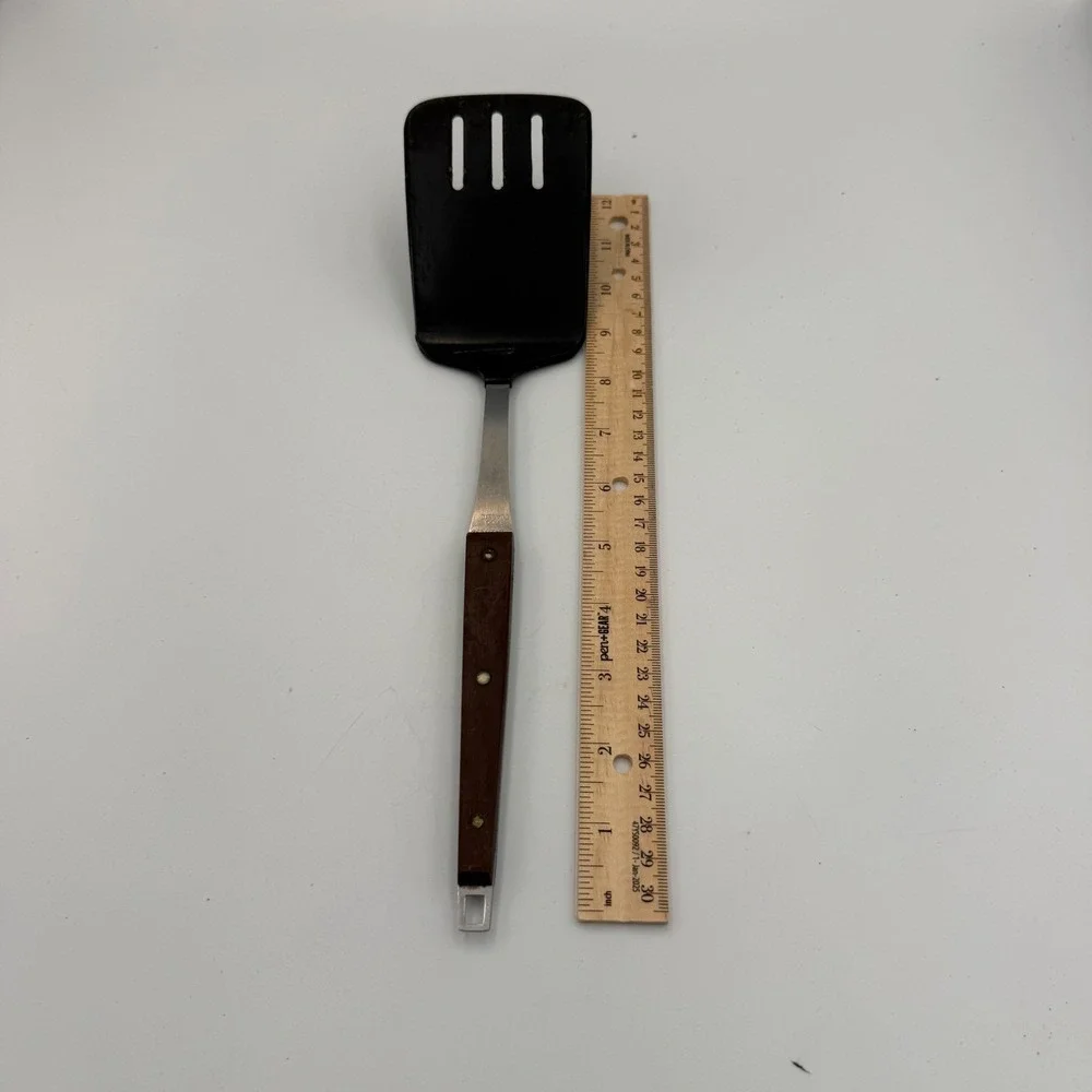 Vintage Ekco Classic Slotted Spatula Stainless USA Wood Handle Nylon Turner 12in